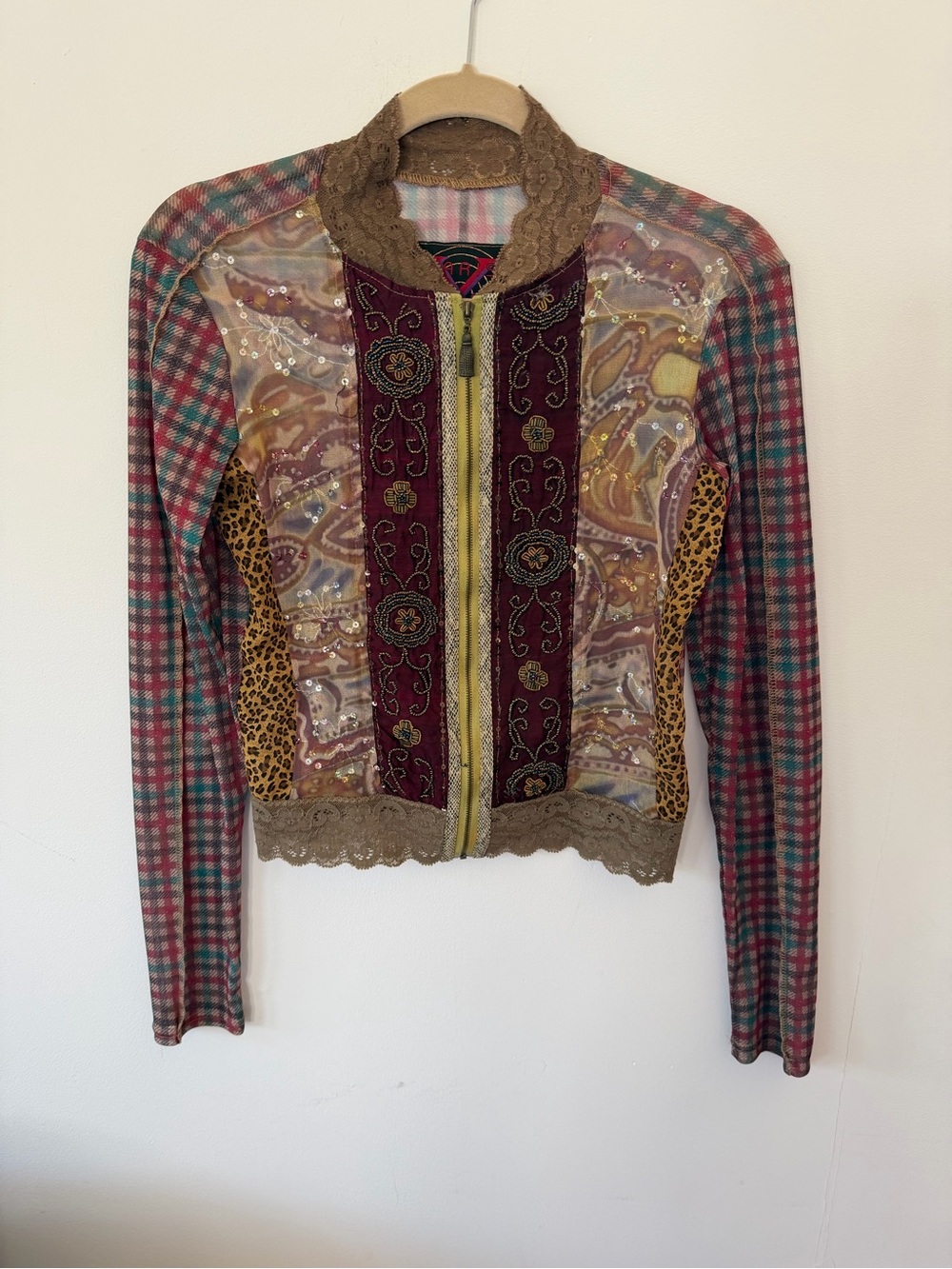 Woo Xoom Paris Aris Mixed-Media Patchwork Cardigan in Burgundy, Mustard & Brown